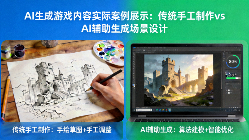 AI生成游戏内容实际案例展示，对比传统手工制作与AI辅助生成的场景设计