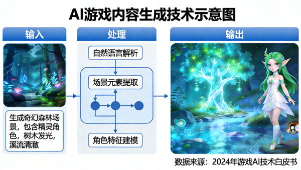 AI游戏内容生成技术示意图，展示AI如何根据文本描述自动生成游戏场景与角色