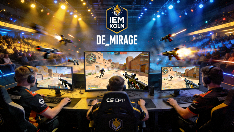 CS:GO IEM 科隆站比赛现场，职业选手在荒漠迷城地图上进行激烈枪战对决