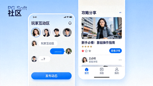 PG Soft产品内置的社区功能截图，展示玩家互动、攻略分享等社交模块