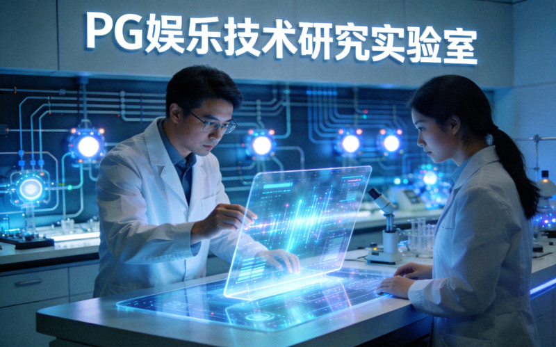 PG娱乐技术研究实验室内部，研究人员正在操作充满未来科技感的透明显示面板与全息投影界面