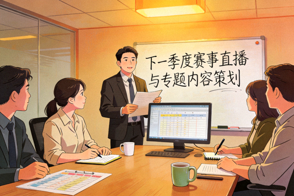 PG娱乐内容运营团队正在会议室策划下一季度的赛事直播与专题内容