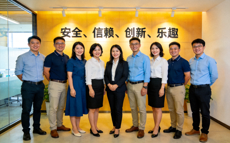 PG娱乐团队合影，成员们面带微笑，背景是公司价值观墙'安全、信赖、创新、乐趣'