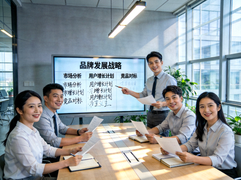 PG娱乐团队在现代化办公室中协作讨论品牌发展战略的会议场景