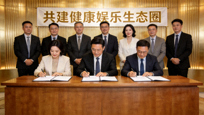 PG娱乐与多家行业伙伴签署合作协议的仪式现场，背景是‘共建健康娱乐生态圈’的标语