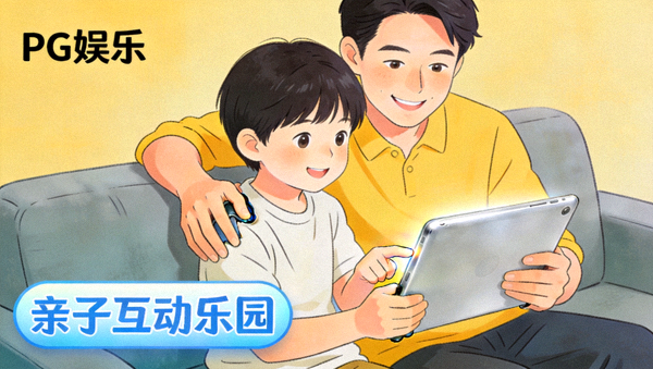 展示PG娱乐开发的亲子互动类娱乐应用场景，家长与孩子一起使用平板电脑